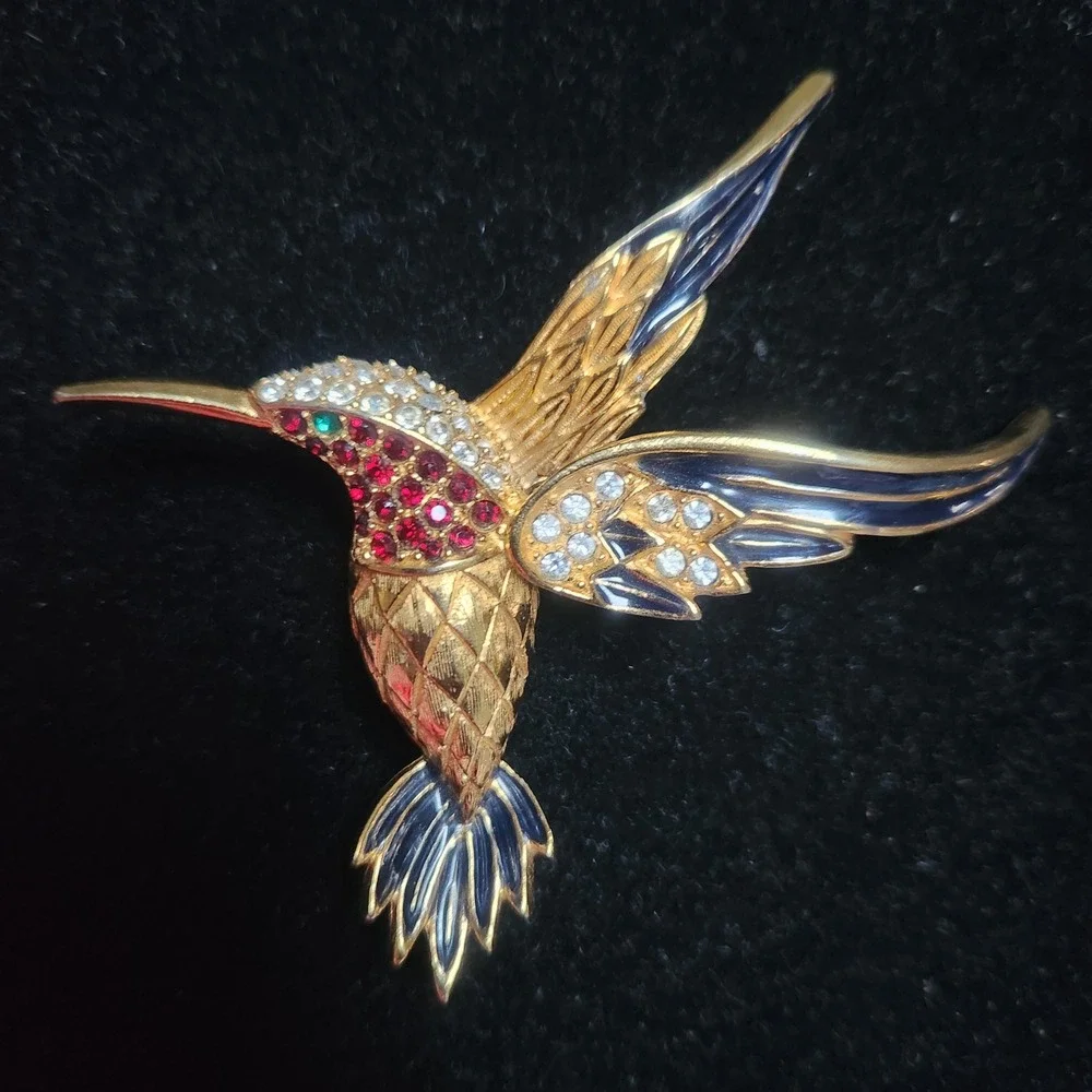 Sphinx  Hummingbird Brooch Gold‎ Tone Rhinestone Enamel Bird  Red Blue Green